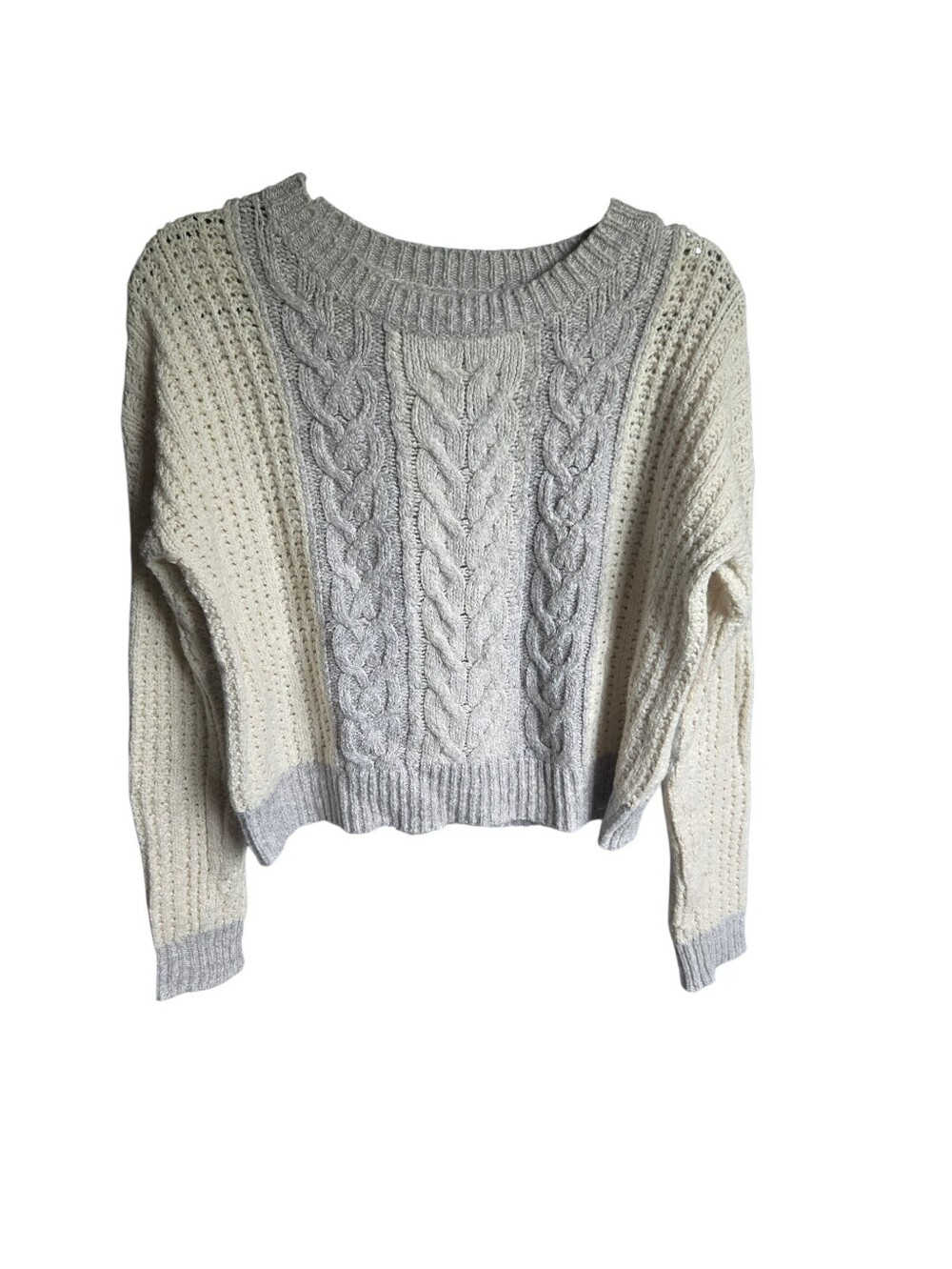 Anthropologie Sleeping on Snow Light Gray Cream Cable Knit Elbow Patch Sweater S